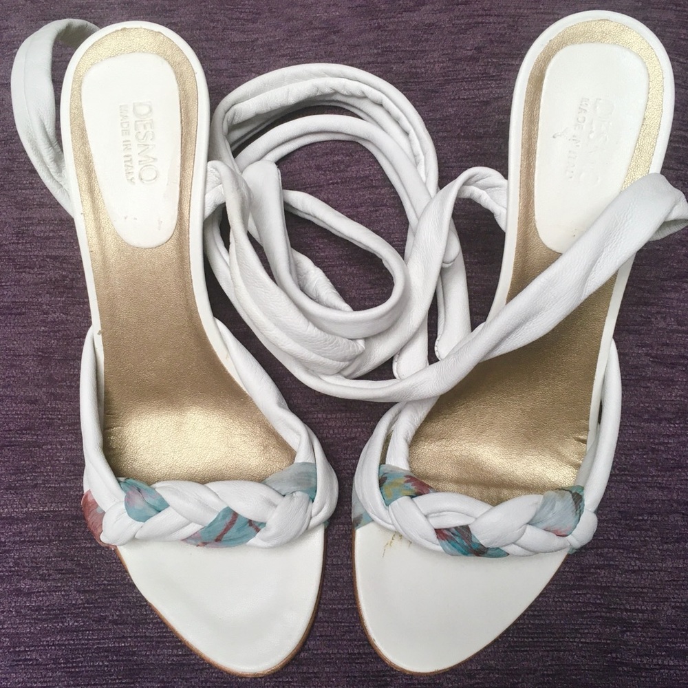 Vtg Y2K Desmo Italian Designer White Wedge Sandal Heel Ankle Strap 38 7.5